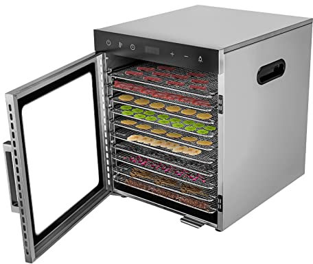 Dörrgerät, 800W Edelstahl Dörrautomat für Lebensmittel, Obst- und Gemüsewindtrockner, Temperatur und Zeit einstellbar, Dörrgerät für Obst, Fisch, Fleisch, Kräutern, Rinderhackfleisch (10 Stock)