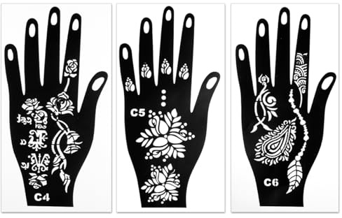 Thyonta 3 stencil per tatuaggi a mano, indo-nepalesi, nero, traforato, tatuaggio all'henné, per aerografo, colorazione, scultura tridimensionale di carta (B)