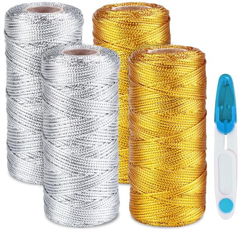 Metallic Kordel, 4 Rolle 100mx1.5mm Metallic Schnur Goldfaden Zum Basteln, Nicht Elastisch Kordelband Schnur, Goldfaden DIY Bastelschnur Für Kunsthandwerk Geschenkverpackung (Gold + Silber)