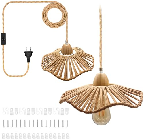 LAKONEI 5.1M Lámpara Colgante de Cuerda de Cáñamo Kit de Suspensión, Farol Trenzada a Mano Pantalla de Cuerda de Cáñamo, Base E26/E27 con Enchufe e Interruptor, Lámpara Boho Decorativ