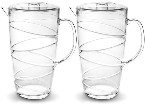 HEFTMAN Jarras de plástico transparente de 2 litros, paquete de 2 jarras de plástico con tapa y boquilla ventilada, ideal para cócteles, barbacoas, fiestas, camping y uso diario en interiores y