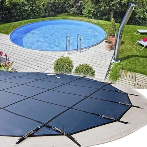 Commercial Grade Inground Winter Pool Safety Cover 40ft 38ft 36ft 34ft 32ft 30ft 28ft 26ft 24ft 22ft 20ft 18ft 16ft 14ft 12ft 10ft, Blue Mesh Round Swimming Pool Covers with Complete Kits(12FT/3.7M)