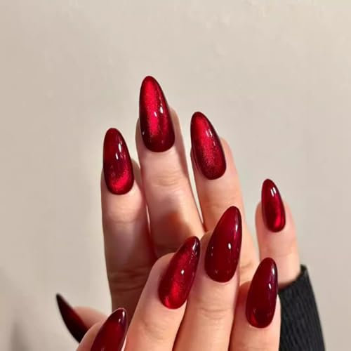 GlamRays Lot de 30 Faux Ongles à Presser en Cristal - Rouge Sang - Moyen - Ovale - Dégradé de Rose - en Acrylique - pour Femmes et Filles