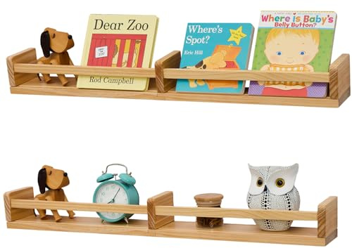 Gieanoo Nursery Book Shelf, Set of 2 Natural Childrens Bookshelf or Nursery Shelves Organizer for Kids Nursery Decor, 60cm Solid Wood Wall Mounted Bookshelf for Kids Room, Bedroom and Kitchen