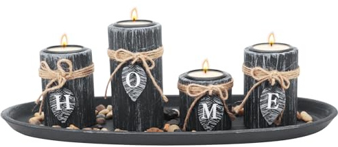 Hölzerne Kerzenhalter Set, enthält 4 hölzerne Teelicht-Kerzenhalter, natürliche Steine und hölzerne Tablett für Tische Centerpiece Home Dekorationen (Home)