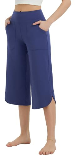 BALEAF Capribyxor för kvinnor, raka breda ben, yogabyxor med fickor, yogalecapri, leggings med hög midja, träning, avslappnad sommar, BLÅ, M