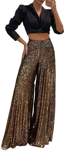 Pailletten Hose Damen Weite Plissee Hose Glitzer High Waist Palazzo Hose Frauen Casual Marlenehose Locker Stoffhose Weitem Bein Freizeithose Elegant Culottes Hose Gummizug Lounge Hose Gerade