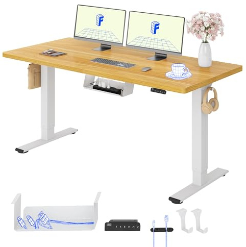 FLEXISPOT Escritorio Elevable Eléctrico E1 Pro Set 140x80, Doble Motor, Tablero Completo, Panel con Memoria, Regulable en Altura, Soporta 100 kg, Blanco+Arce