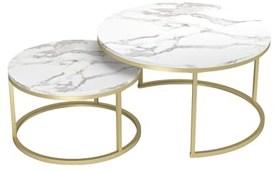 Soayone Couchtisch Rund 2er Set Marmor Couchtisch Weiß Gold für Wohnzimmer | Moderne Wohnzimmertisch Weiß Runder Tisch Wohnzimmer mit Goldenen Metallbeinen, Coffee Table 80 x 80 cm & 60 x 60 cm