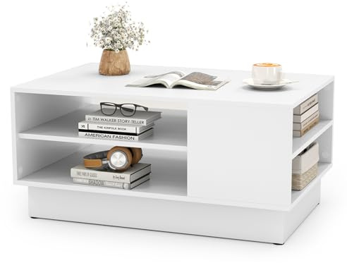 COSTWAY Table Basse Rectangulaire Moderne, Table de Salon avec 2 Étagères, Base Épaissie, Blanc, 86 x 56 x 41 cm