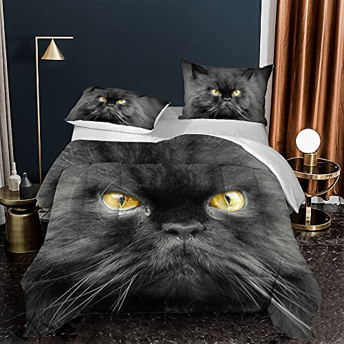 Bettdecke 140X200 Schwarze Katze Drucken Steppdecke 200Gsm,Dünne Und Leichte Bettdecken,4 Jahreszeiten Bettdecken 140X200,Weiche Mikrofaser Bettdecke Mit 2 Kissenbezüge,Warm Steppbettdecke