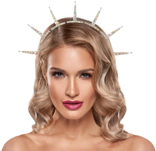 PartyforU Halo Crown Stirnband Strass für Frauen, funkelnde Kristallgöttin Krone Kopfschmuck für Hochzeit Fotoshootings, Kristall Halo Haarband Tiara für Renfaire Cosplay