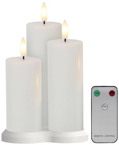 Lunartec Akku Kerzen: 3 Akku-LED-Stumpenkerzen mit Dochten, Flammen-Effekt und Timer, weiß (LED Kerzen mit, Elektronische, Flamme)
