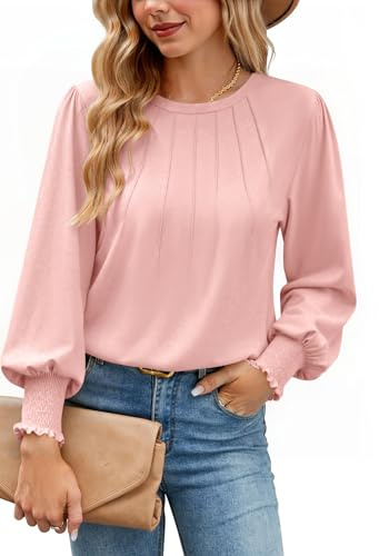Gyabnw Camiseta Manga Larga Mujer Cuello Redondo Plisada | Manga larga, cuello redondo, detalle plisado, estilo de camiseta de manga larga, para uso diario, fácil de combinar