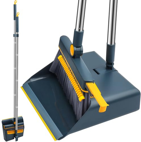 HPCORA Long Handle Dustpan and Brush Set, Windproof Broom Set, 180 Degree Swivel Brush Head, for Indoor and Outdoor Cleaning (Blue)