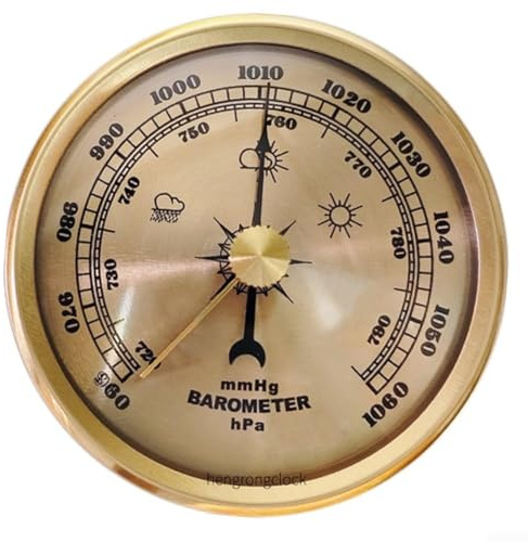 Household Barometer Clock, Weather Pressure Gauge Indoor Temperature Humidity Monitor, Vintage Metal Frame Weather Pressure Gauge for Home Office (Gold)