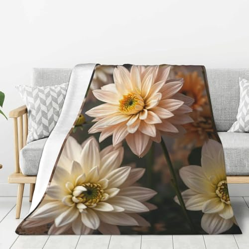 Couverture réaliste à imprimé dahlia blanc n°18 pour canapé, sofa, lit, super douce, légère, confortable, pelucheuse et chaude en flanelle, 152,4 x 127 cm, pour toutes les saisons