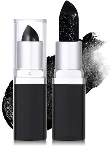 Black Lipstick for Women Long Lasting, Glitter Lipstick, Shimmer Highly Pigmented Waterproof Metallic Black Lip Gloss, Goth Makeup for Halloween Cosplay