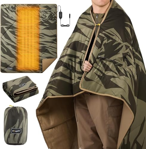 BougeRV Manta Térmica para Coche de 12V con Apagado Automático 180x130 cm, Portátil, con 5 Niveles de Calor y Temporizador, Ideal para Camping, Coche, Camión, SUV, Viajes y Exteriores (Verde)