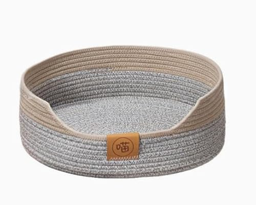 PORFOYO Cestino Per Gatti, Cuccia Per Gatti Intrecciata, Niche En Rotin Pour Chat, Traspirante, Lavabile, 50 X 15 Cm, In Corda Di Cotone Intrecciata Per Dormire Tutti, Grigio E Cachi