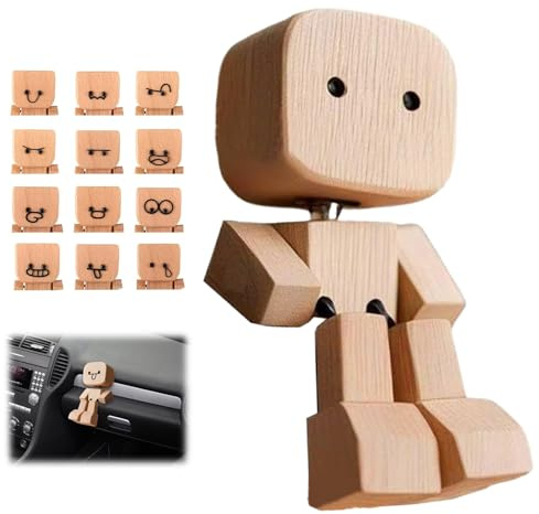 Yistoi Wackelnder Holzmann Auto, Schüttelmann aus Naturholz, Wackelnde Holzfigur, mit 12 Lustigen Magnetischen Emoticon-Aufklebern, Geeignet für Auto- und Schreibtischdekora