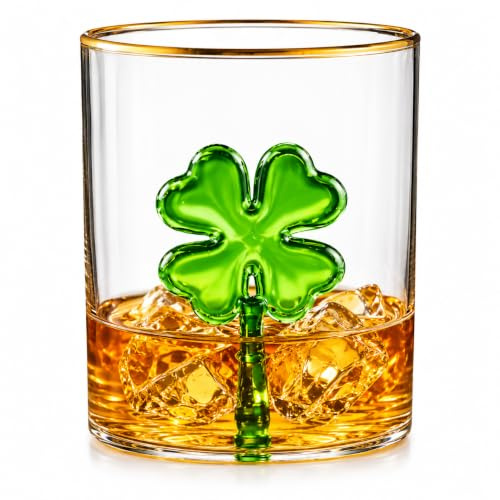 MONARCH CRYSTAL Lucky Four Leaf Clover Irish Whiskey Glass with Gold Rim, Shamrock Rocks Glass, Irish Gift for Whiskey Lovers