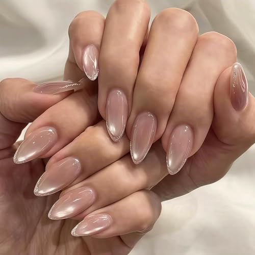 SXVME Glitter Light Pink French Tip Press on Nails Almond Medium, Cat Eye Pastel Pink False Nails with a Shiny Sparkle Finish, Shimmer Fake Nails Press ons, Stiletto Stick on Nails for Women 24 Pcs