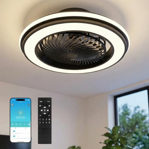 SXLXQM 53cm Ventilatore da Soffitto con Luce, 67W Plafoniera con Ventilatore Silenzioso, Lampadario con Ventilatore da Soffitto, Oscillazione a 360°, APP/Telecomando, per Camera da letto (Nero)