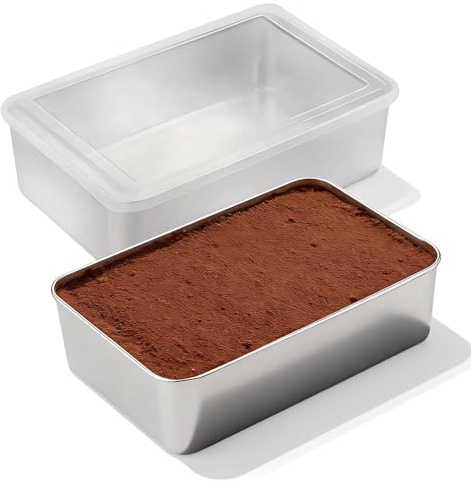 MHYMX Tray Bake Tins for Baking, 2 Pack Rectangle Cake Tin Stainless Steel Loaf Tins Oven & Dishwasher Safe Bread Tin with Lid 22 X 15 X 6.5 cm Cake Trays for Baking Bread Tiramisu