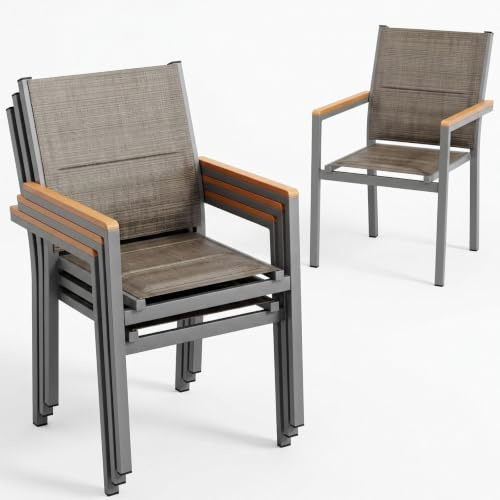 LIFERUN Trädgårdsstol i set om 4, stapelbar matstol i aluminium, med quiltat ryggstöd och sits, WPC-ledstång, balkonststol för trädgård, terrass, balkong, pool, restauranger, linbrun, 4 st