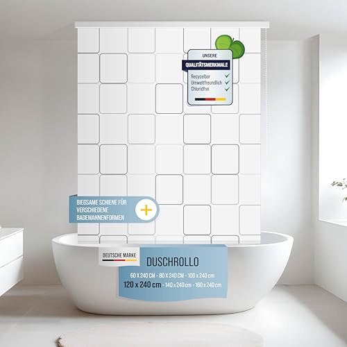 Rapid Teck Halb-Kassetten Duschrollo 120 cm x 240 cm in verschiedenen Designs - Duschvorhang mit Seilzug – moderner Badewannenvorhang – platzsparendes Duschvorhang Rollo