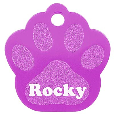 GRAVURZEILE Aluminium Hundemarke mit Gravur - Großes Pfoten Motiv - Personalisiert mir Namen, Symbol & Telefonnummer - wählbare Farbe - für Hunde & Katzen - Größe 3,4 x 3,5 cm - Farbe: Lila