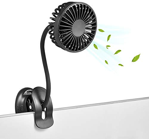 Glovion Clip On USB Mini Desk Fan with Emergency Power Bank, Battery Operated Rechargeable Portable Fan - Flexible Neck, 3 Speed Personal Cooling for Car, Camping, Office, Dorm, Beach - Black