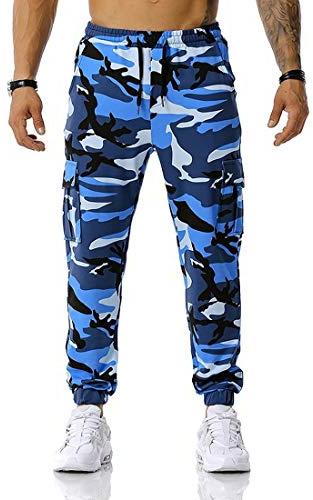 LAYAN-B Pantaloni da jogging da uomo, mimetici, pantaloni da jogging militari, tasche con cerniera, per allenamento in palestra, Blu 2, L
