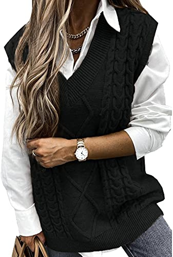 Vancavoo Maglione Senza Maniche Donna Scollo a V Pullover Gilet Maglioni Tinta Unita Righe Caldo e Classico Casual Panciotto Autunno e Inverno,Nero S