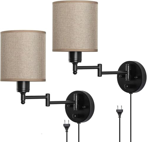 Wandleuchte Schwarz Metall Vintage Einstellbar Schwenkarm Wandlampe mit Schalter, 1,6 m Kabel mit Stecker, Stoff Schirm, E27 Bettlampe Wand-Leselampe für Wohnzimmer Schlafzimmer Flur,2 pack