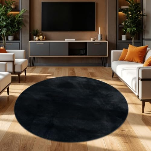 TT Home Wohnzimmer Teppich Hochflor Langflor Kunstfell Weich Modern Unifarben Flauschig, Farbe: Schwarz, Größe:120 cm Rund