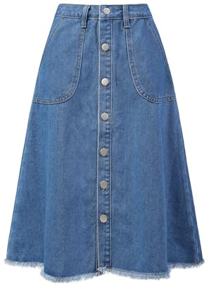 Allegra K Faldas De Mezclilla para Mujer Falda Vaquera Midi con Botones Y Dobladillo Sin Rematar Azul M