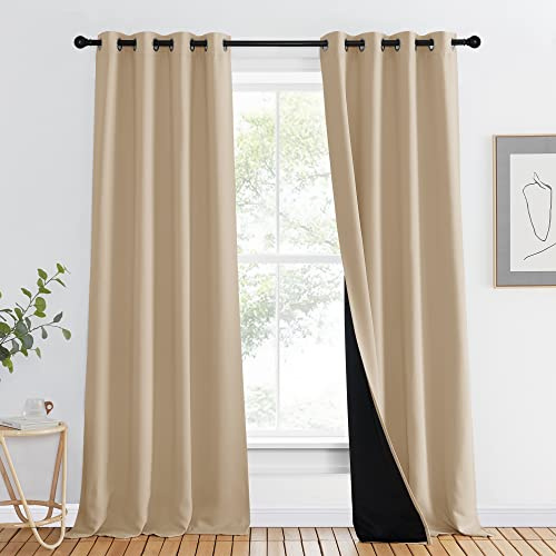 NICETOWN Living Room Completely Shaded Draperies, Privacy Protection & Noise Reducing Ring Top Drapes, Black Lined Insulated Window Treatment Curtain Panel (Biscotti Beige, 1 Piece, W46 x L90)