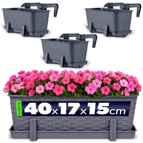 KADAX Set med 3 blomlådor, balkong, 40 cm, ca 21 L, väderbeständig plastblomkruka, grafit, rektangulär för balkong, terrass och trädgård