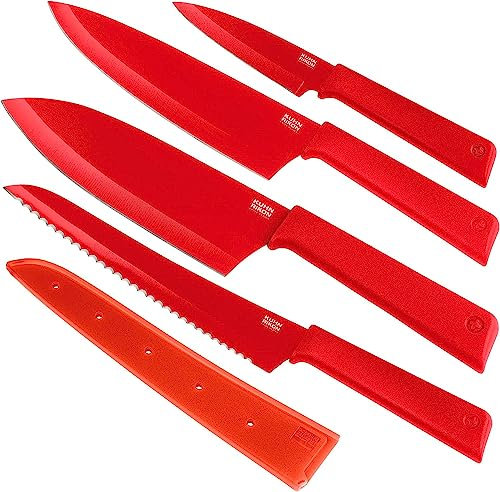 Kuhn Rikon Colori+ Mixed Kitchen Knife Set with Blade Covers. Includes Chef's, Bread, Santoku and Paring Knives. Ultra-Sharp Japanese Stainless Steel Blade. Dishwasher Safe. Red