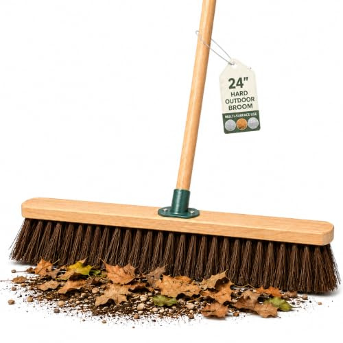 24” Broom Outdoor Yard Broom Sweeping Brush Natural Stif Bristles with Wooden Handle Garden Brooms for Cleaning Patio Yards Driveways Warehouse and Garage (Stiff Natural Bassine Bristles)