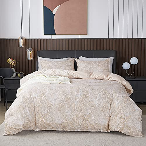 Jemiipee Blumen Bettwäsche-Set mit Tropische Palmblätter Muster, 1 x Bettbezug 220x240 cm mit 2 x Kissenbezüge 80x80 cm und Reißverschluss, Weiche 100% Mikrofaser Bettwäsche Modern, Beige