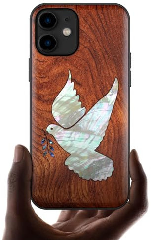 Carveit Étui pour iPhone 11 Coque [Gravure en Bois et Incrustation de Coquille] Cover Compatible avec Apple 11 Luxe et Case Etui Bois (Rosé-Colombe Blanche)