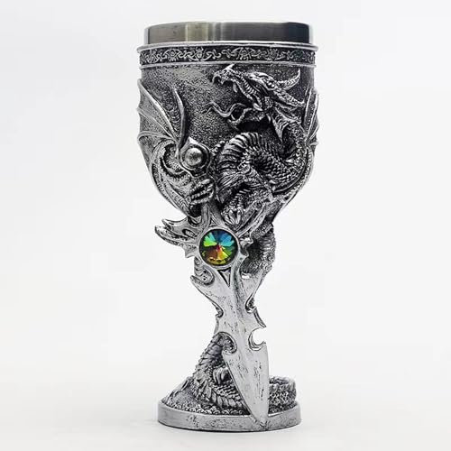 Medieval Silver Dragon Sword Goblet 6.8 Resin Cup with Stainless Steel Lining Unique Home Decoration Wine Glasses Hand Painted Dragon Design Perfect for Holiday Day Gift Themed Parties (Silver)