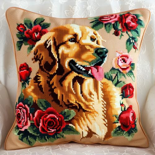kitphoenix Latch Hook Kit Cushion Rosenblume Und Golden Retriever Hund Knüpfkissen Set Mit Knüpfhaken 43Cmx43Cm