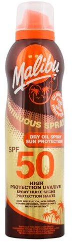 Malibu Sun SPF 50 Continuous Dry Oil Spray, 175ml | Tanning with Shea Butter Extract, Moisturising Tanning Oil Mist, Water Resistant