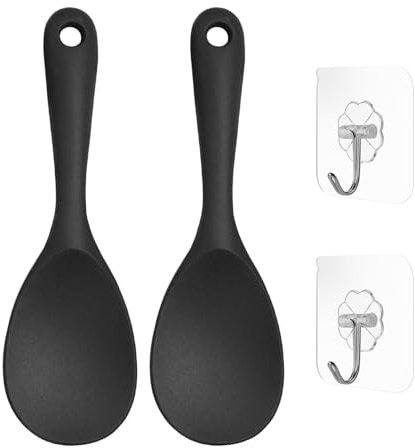 Juego de 2 cucharas de cocina de silicona, 2 ganchos, cucharas de arroz de cocina grandes, cucharas de arroz de cabeza redonda, cucharas para servir, cucharas redondas de silicona de color negro,
