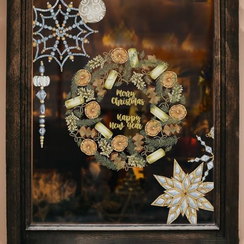 Neukids Images de fenêtre de Noël, couronnes de Noël, flocons de neige dorés, autocollants de fenêtre, décoration de Noël, fenêtre de Noël, images d'hiver, fenêtre de Noël, miroir en verre,