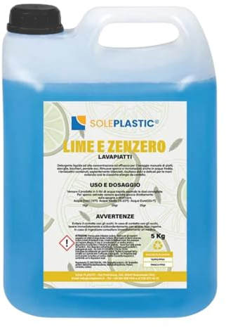 SOLEPLASTIC Detersivo Lavastoviglie Liquido Lime E Zenzero Ad Alta Concentrazione Per Lavaggio Manuale Detersivo Piatti Stoviglie E Bicchieri Tanica Da 5 Litri Per Tutti I Tipi Di Sporco (1)
